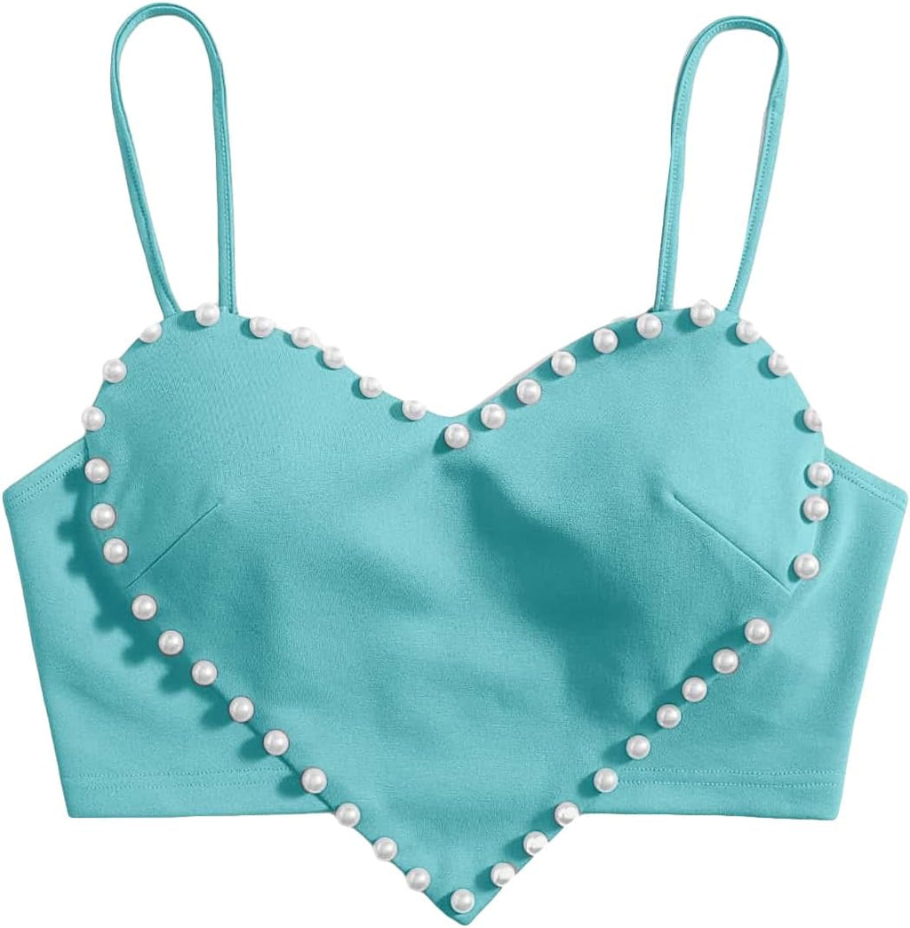Women's Pearls Sleeveless Asymmetrical Hem Heart Crop Cami Top Sexy Camisole