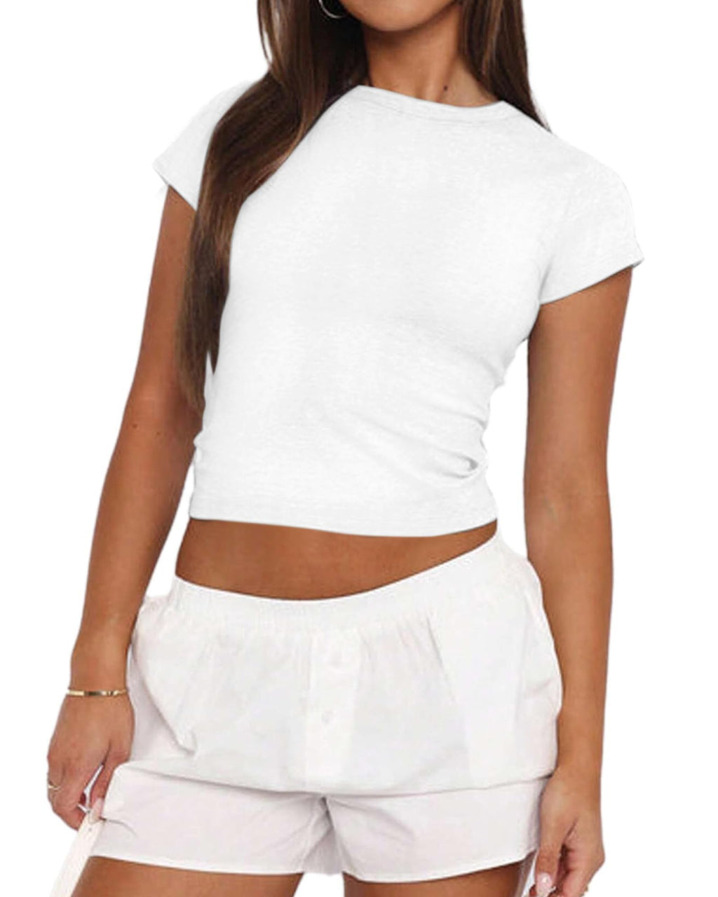 Women Basic Short Sleeve Crop Top Ruched Fitted Baby Tee Shirts