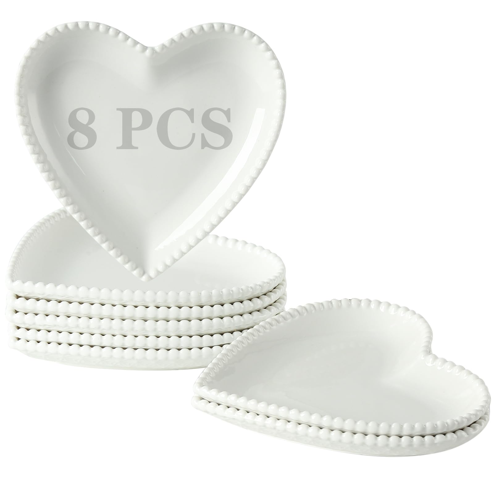 Porcelain Dessert Plates Set of 8, Heart Shaped Appetizer Plates, White Salad Dinnerware Set, White with Pearl Dots 7.5 Inch