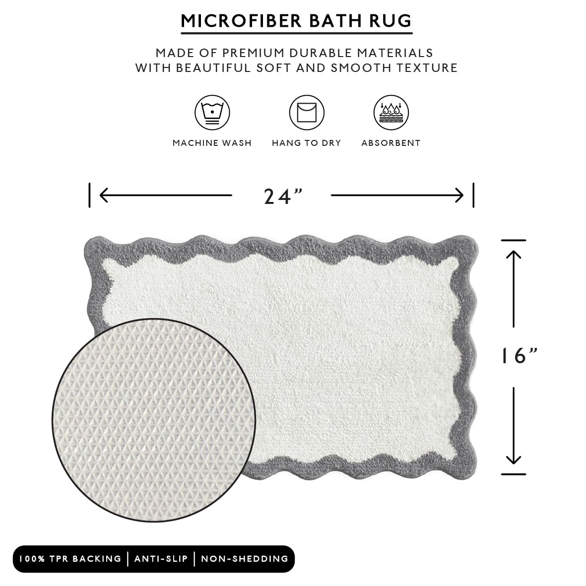 Wavy Bath Mat with Scalloped Ripple Design, Microfiber Absorbent Non Slip Tufted Rug