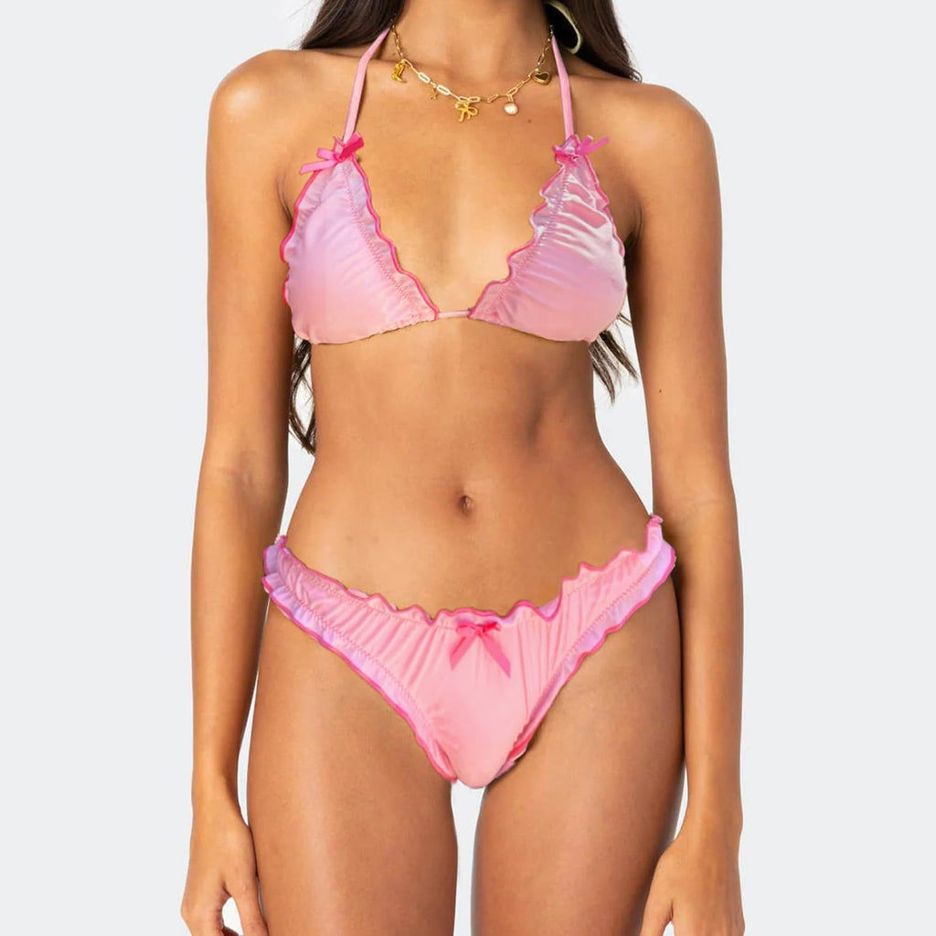 Women Cute Bikini Set Lettuce Trim Halter Neck Tie Up Bikini Top Triangle Set 2 Pieces Coquette Bathing Suit