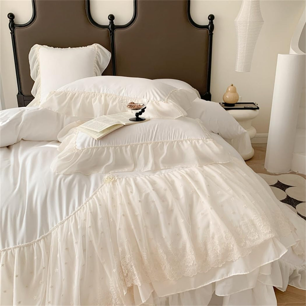 Lace Duvet Cover - Chiffon Ruffled Beddding Set with Flower, 3 Pieces Comforter Cover Set with Zipper Closure and Pillowcase