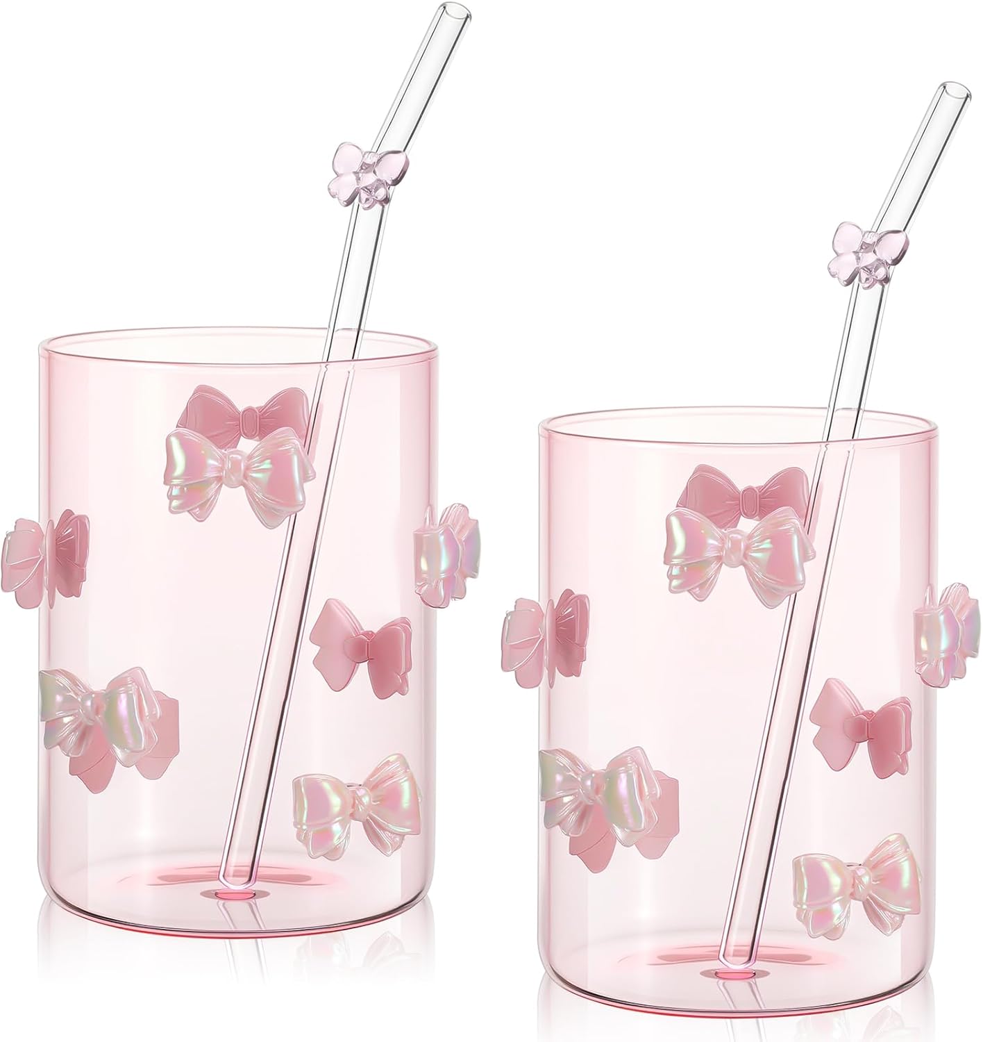 Set of 2 Coquette Aesthetic Bow Glass Cups with Straws 20 oz Reusable Pink Bow Glass Tumbler