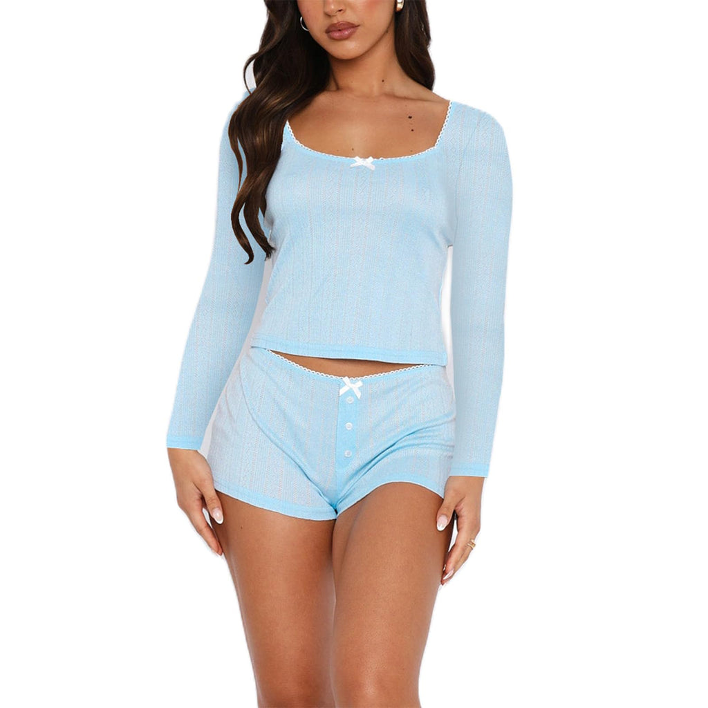 Women's Two Piece Outfit Lace Trim Top and Shorts Set 2 Piece Lounge Sets Ladies PJs Summer Clothes