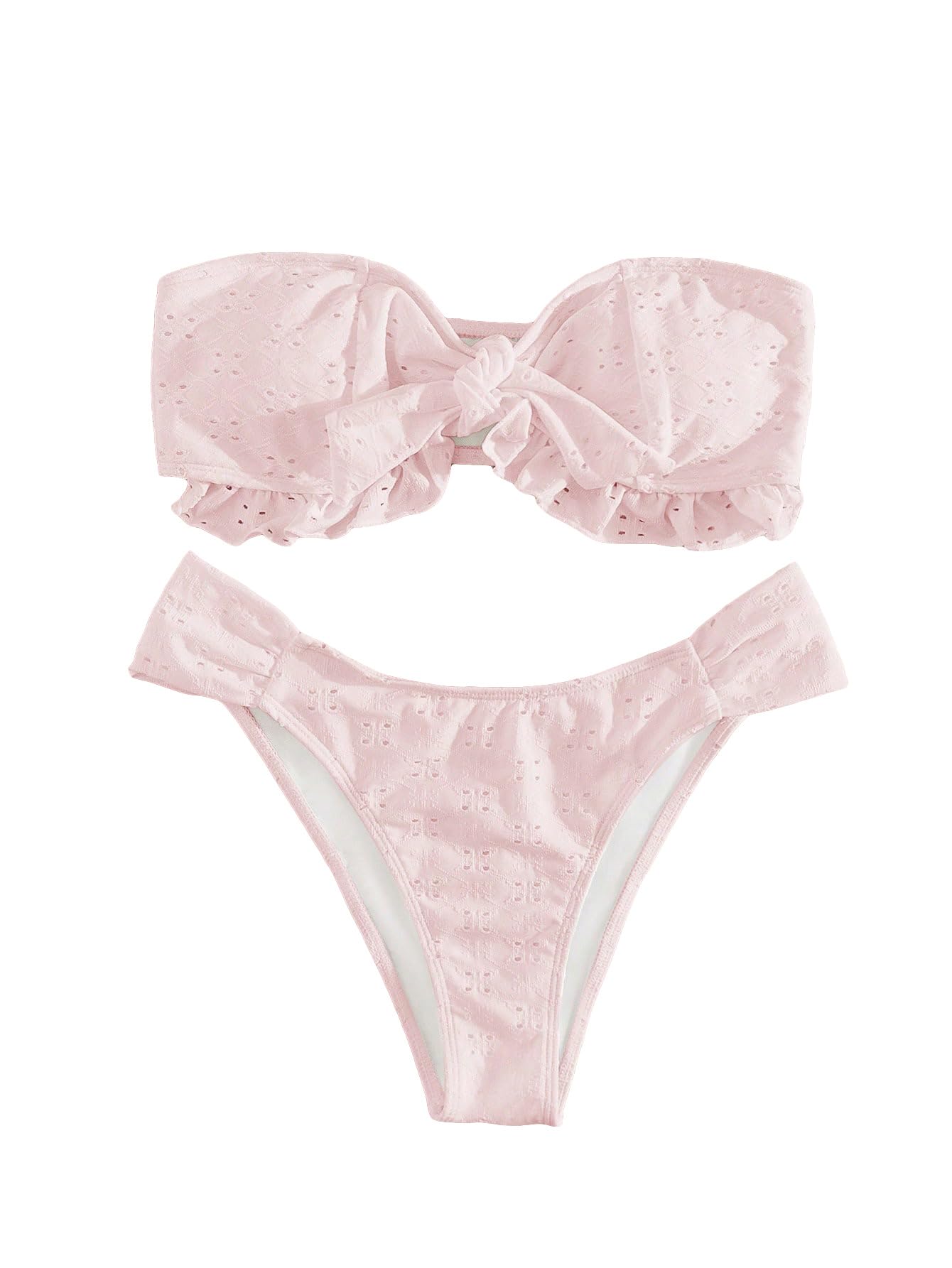 Women's 2 Piece Bathing Suit Ruffle Hem Bandeau Tie Front Bikini Set