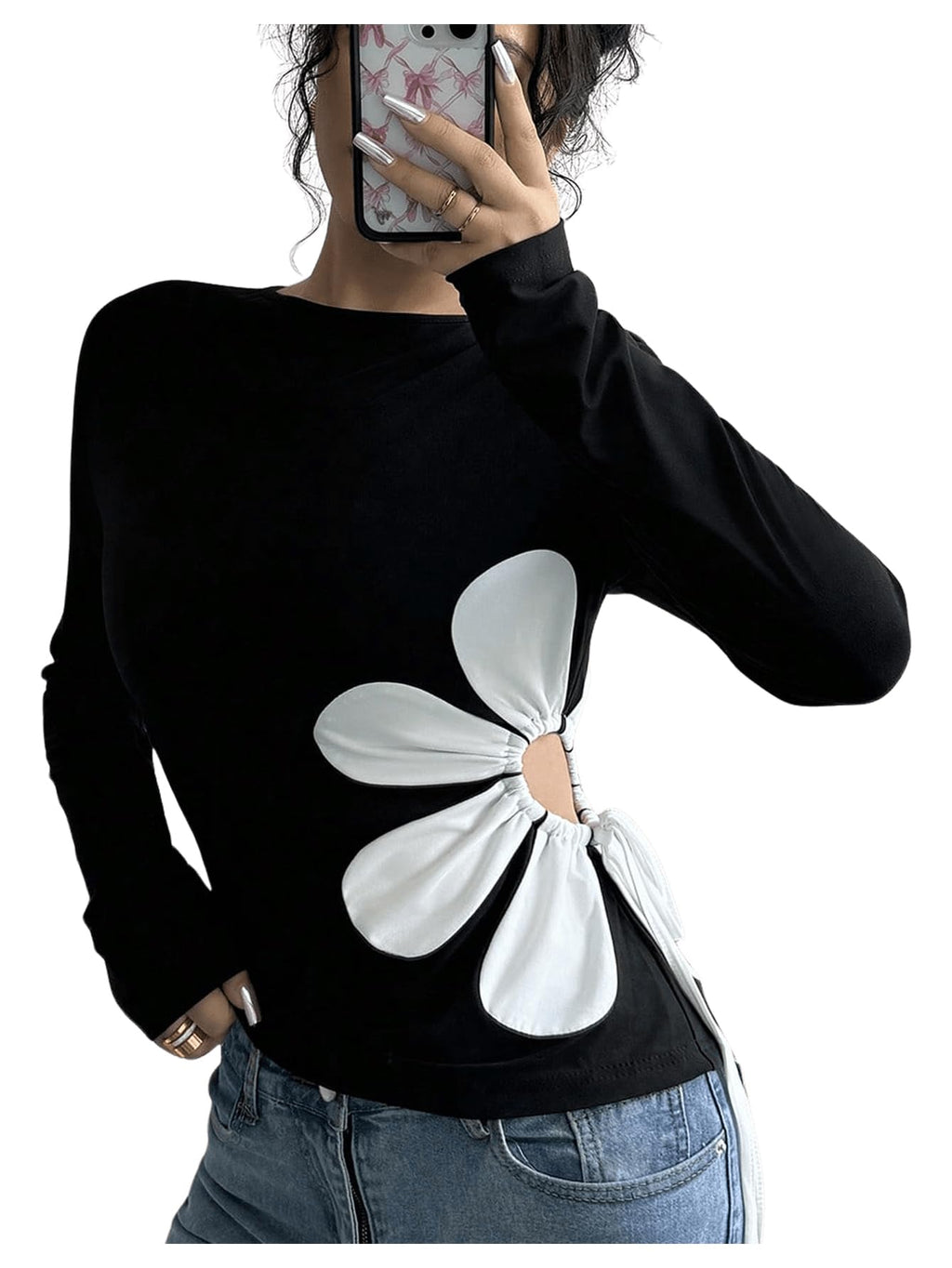 Women's Floral Pattern Hollow Out Tie Side T Shirts Crew Neck Long Sleeve Tee Tops