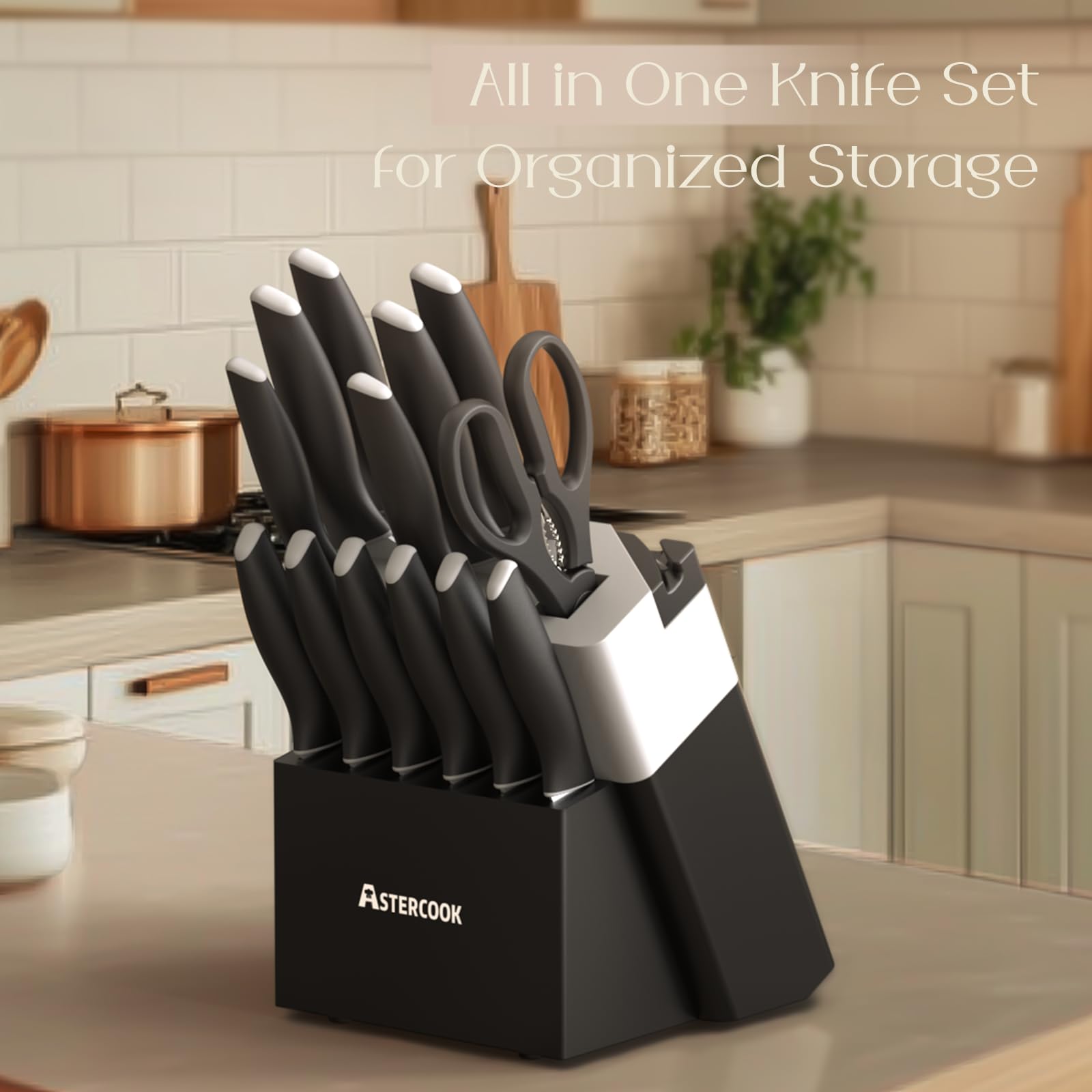 Colorful Kitchen Knives Set with Block and Sharpener Ceramic Coating 15 Pcs German Stainless Steel Knives Sharp Blade Dishwasher Safe Knife Block Set with Ergonomic Handle