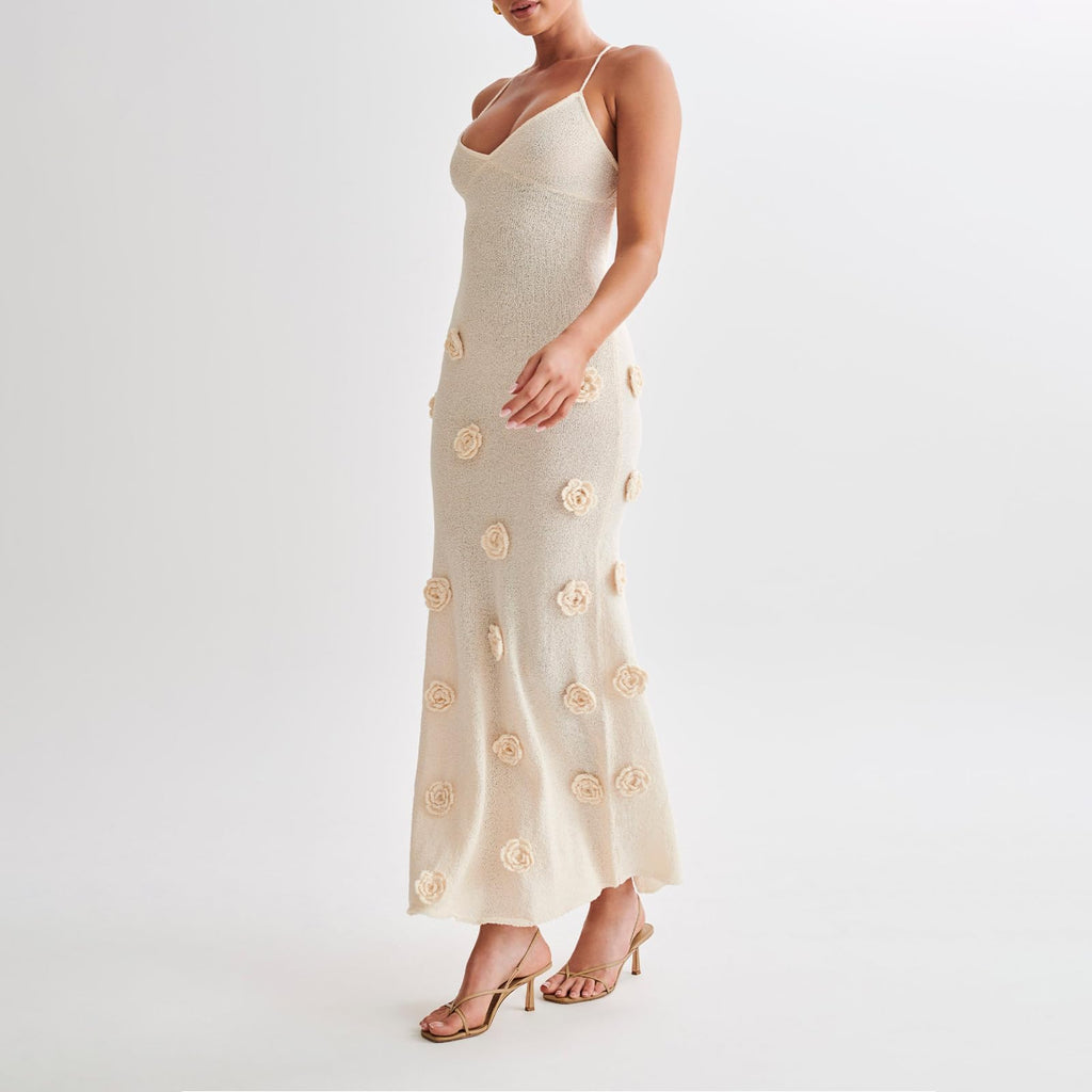 Women Knit Maxi Cami 3D Floral Bodycon Long Sexy Spaghetti Strap Tie Backless Dress