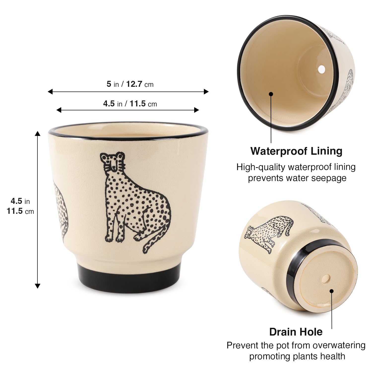 Ceramic Planters for Indoor Plants, Small Plant Pots with Drainage, Unique Decorative Cute Flower Pot Panthers Round Flowerpots 5 Inch