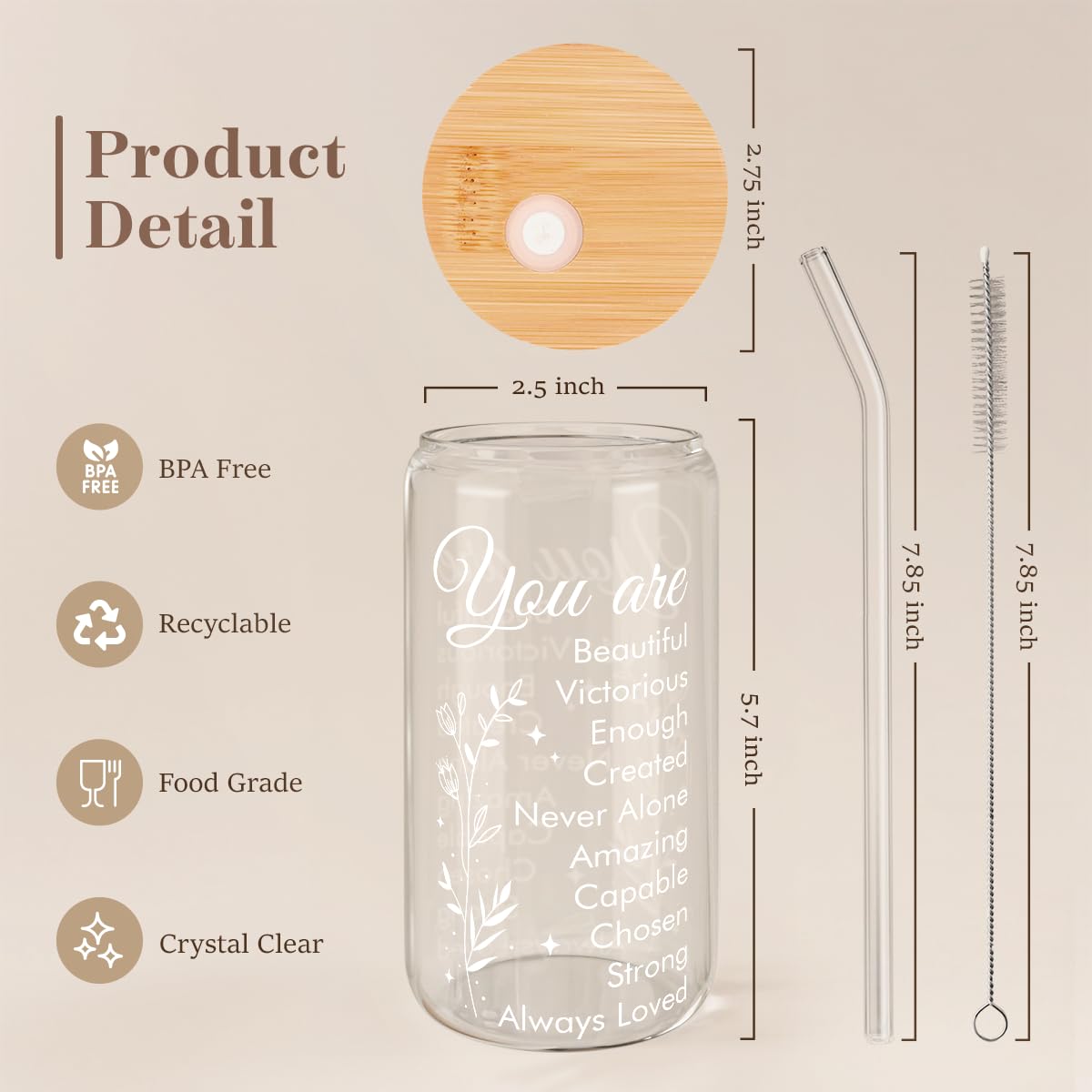 Glass Cup with Lid & Straw, Iced Coffee Aesthetic Glass Can, 16oz