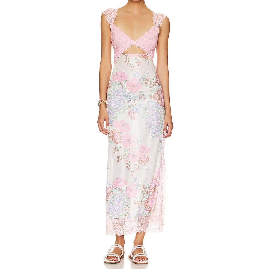 Women Sleeveless Maxi Dress Backless Bodycon Floral Printed Spaghetti Strap Long Dress Sheer Mesh Summer One-Piece