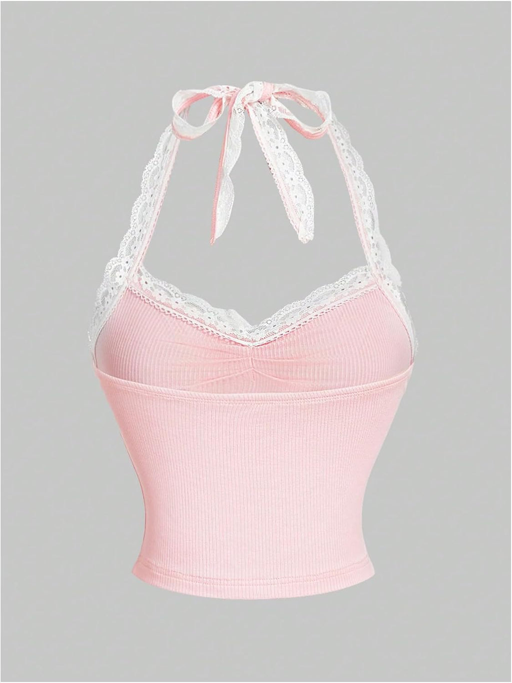 Women's Lace Trim Backless Halter Top Y2k Bow Knot Ruched Sleeveless Crop Tops