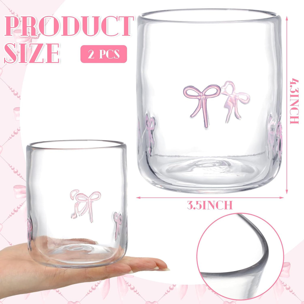 Set of 2 Coquette Pink Bow Glass Cup Heart Juice Glass 14oz Pink Bow Heart