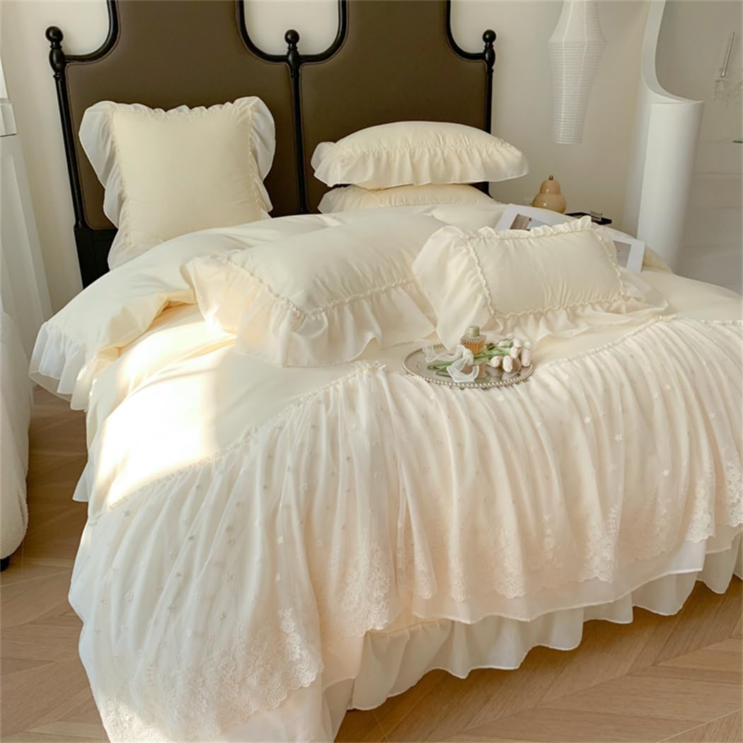 Lace Duvet Cover - Chiffon Ruffled Beddding Set with Flower, 3 Pieces Comforter Cover Set with Zipper Closure and Pillowcase