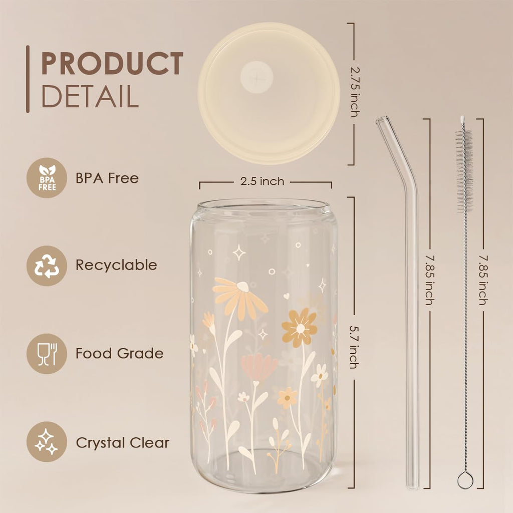 Glass Cup with Lid & Straw, Iced Coffee Aesthetic Glass Can, 16oz