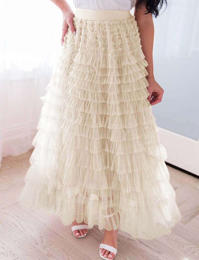 Long Tulle Skirt for Women Trendy High Waisted A Line Fluffy Fairy Mesh Layered Ruffle Skirt