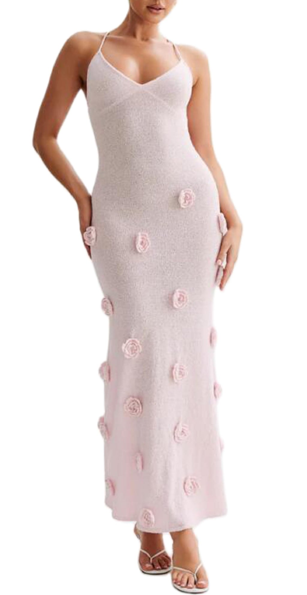 Women Knit Maxi Cami 3D Floral Bodycon Long Sexy Spaghetti Strap Tie Backless Dress