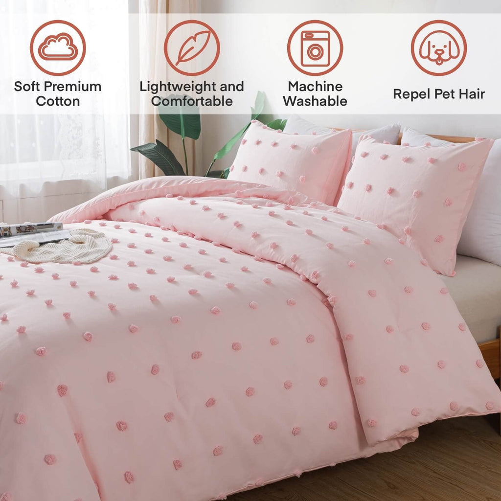 Comforter Set, 2 Pieces- Soft Cotton Lightweight Comforter with 1 Pillowcase, Chenille Dots All Season Down Alternative Comforter Set for Bedding