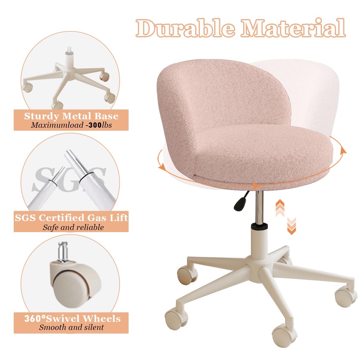 Modern Vanity Chair with Back, 360° Swivel Makeup Desk Chair Small Office Chair with Wheels, Height Adjustable Armless Computer Task Chair