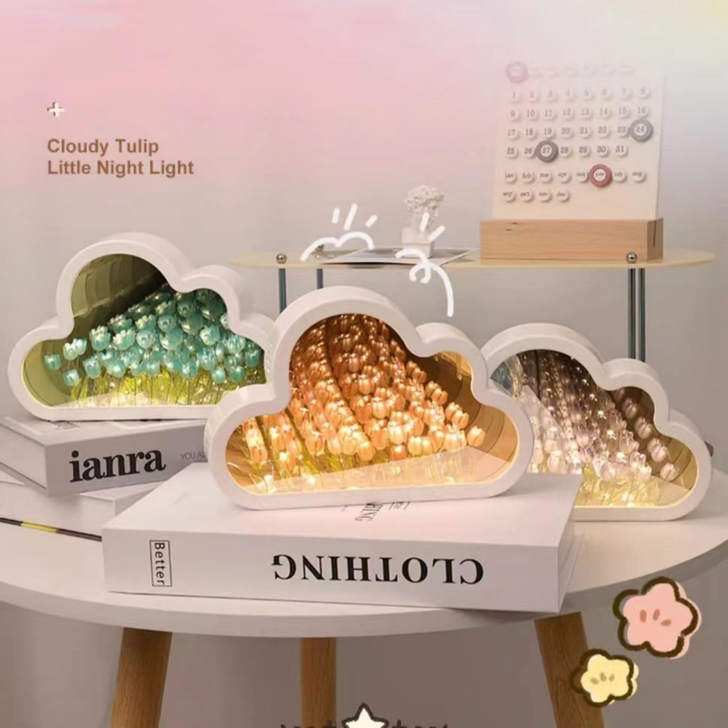DIY Cloud Tulip Mirror Night Light, Simulation Flower Bedroom Cloud Tulip Table Lamp, Creative Home Decoration
