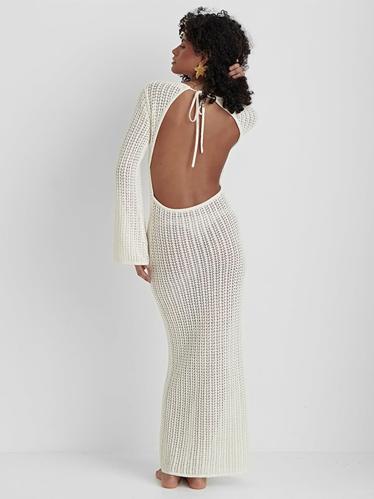 Women's Knitted Swimsuit Cover Up 3D Floral Hollow Out Open Back Tie-Up Maxi Dress Beachwear Coverup Dresses