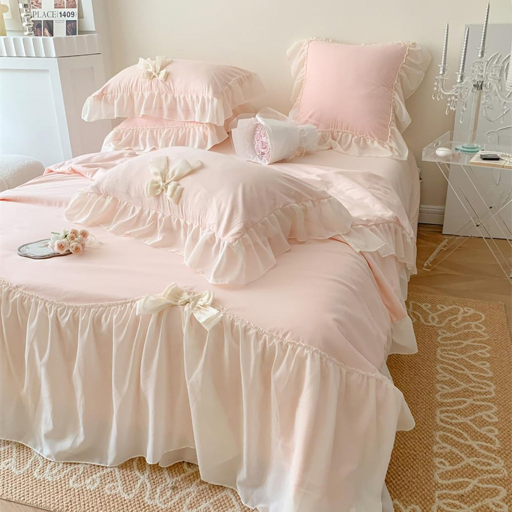 Ruffle Duvet Cover Bedding Set with Bowtie, 2 Pieces Comforter Cover Set with Zipper Closure with Pillowcase