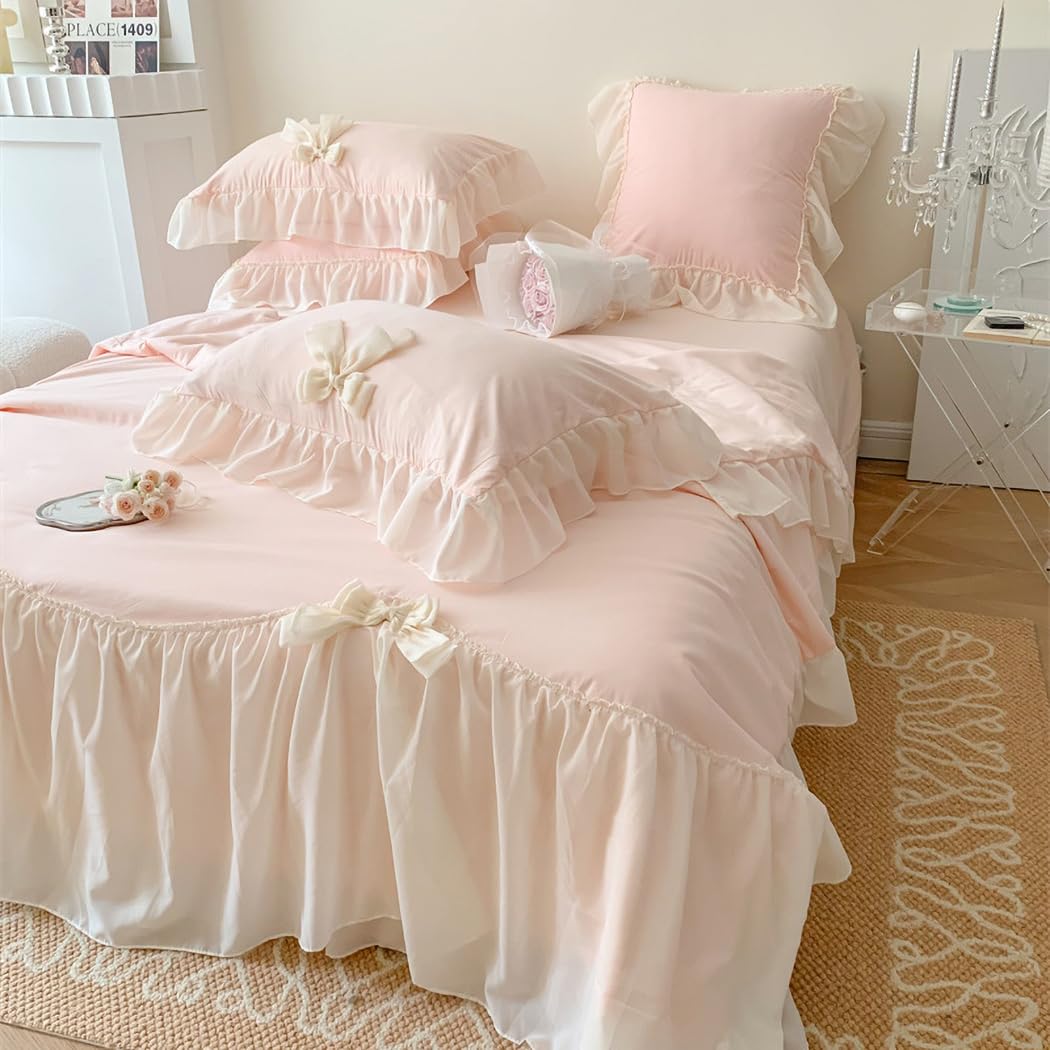 Ruffle Duvet Cover Bedding Set with Bowtie, 2 Pieces Comforter Cover Set with Zipper Closure with Pillowcase