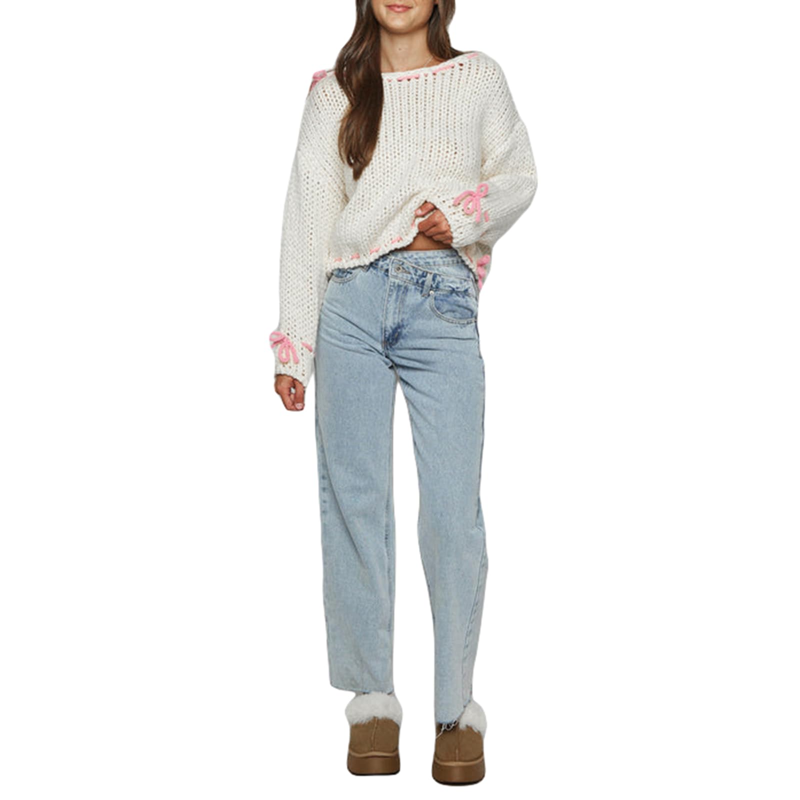 Women Y2k V Neck Sweater Retro Low Cut Long Sleeve Pullover Top E-Girl Cute Solid Loose Fit Lace Up Going Out Jumper