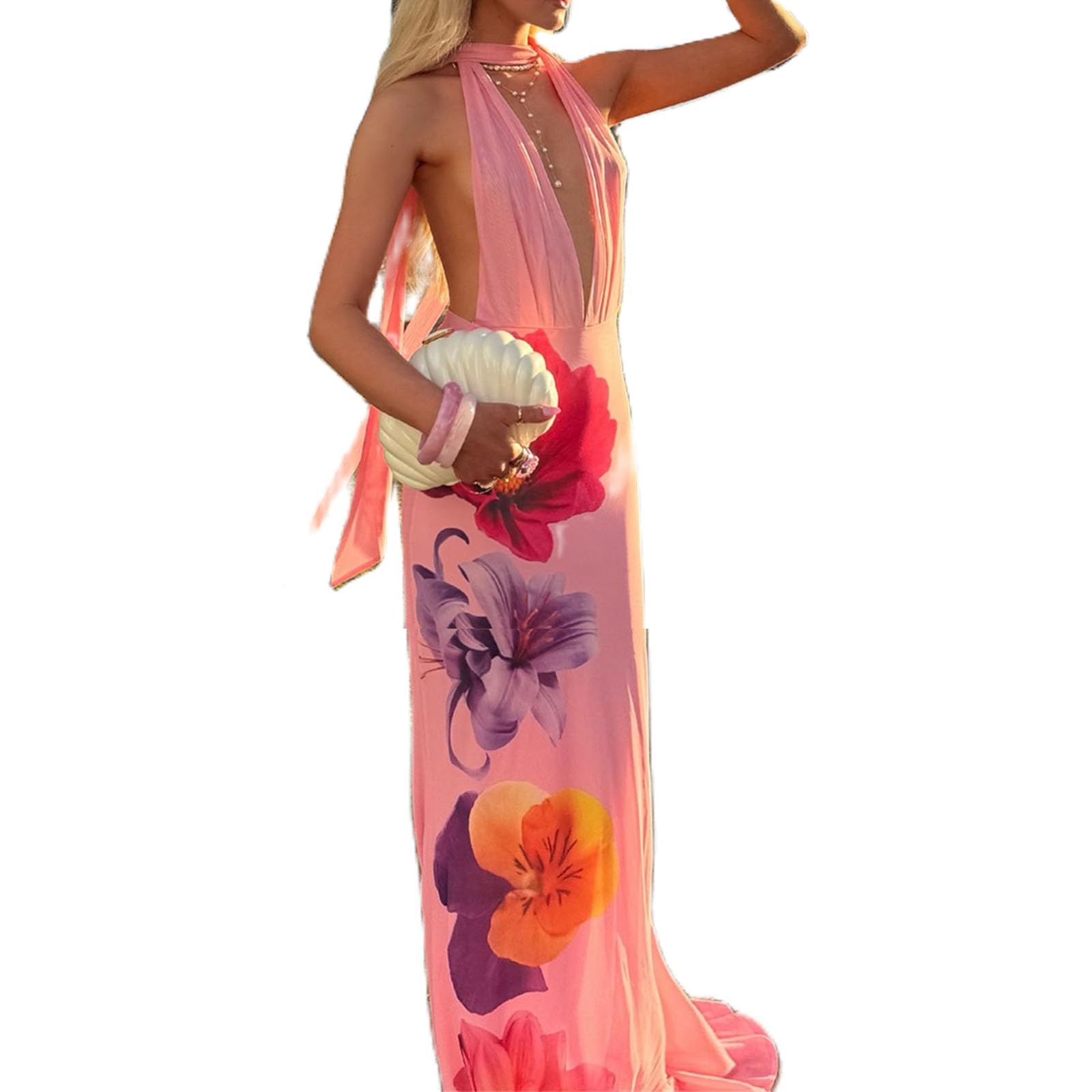 Women's Strapless Neck Scarf Floral Dresses Open Back Bodycon Long Dress Maxi Fitted Sundress