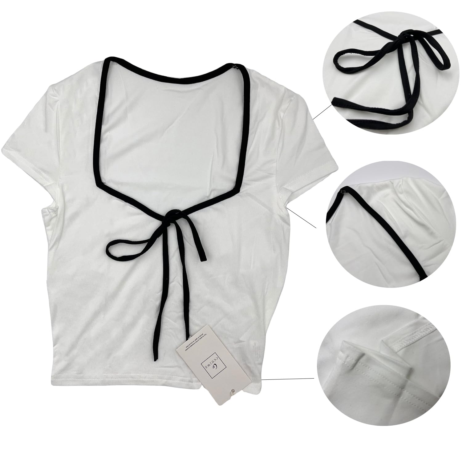 Womens Summer Short Sleeve Bow Square Neck Baby Tees Color Block Basic Crop Tops