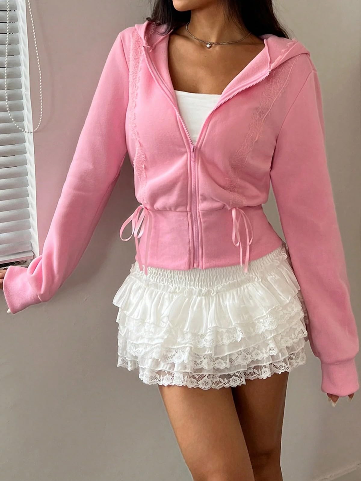 Women's Lace Patchwork Bow Zip-Up Crop Hoodie â€?Y2K Coquette Fleece Casual Hooded Sweatshirt