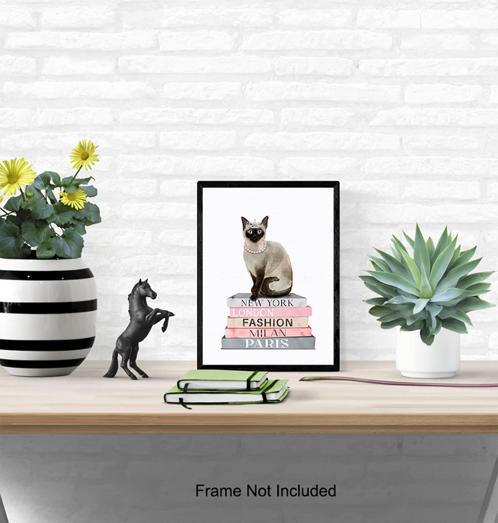 Fashion Glam Siamese cat Wall Decor for Living room, Bedroom - Glamour Couture Cute Kitty Gift for Woman, Girl - Designer Decoration