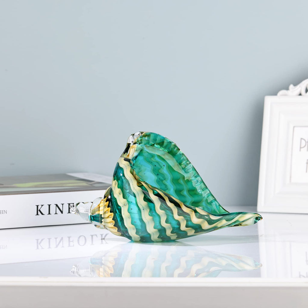 Hand Blown Glass Conch - Coastal Home Decor Conch Corners, Glass Art Conch Sculptures, Office Decor Blown Glass Art, Living Room Table Centerpieces, Bathroom Shelf Tops And Cabinet Decor