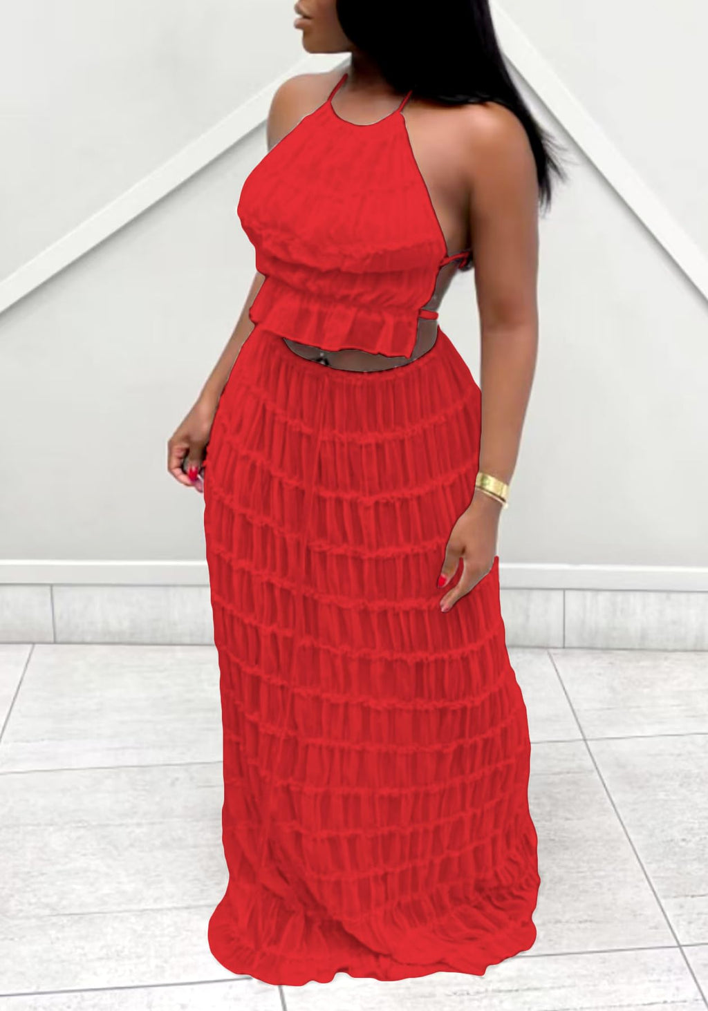 Skirt Sets Women 2 Piece Outfits Backless Halter Top And Pleated Ruffle Flowy Maxi Skirts Y2k Beach Vacation Set