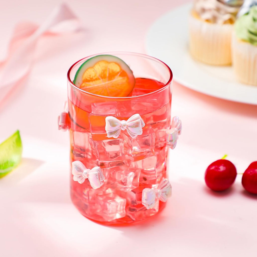 Set of 2 Coquette Aesthetic Bow Glass Cups with Straws 20 oz Reusable Pink Bow Glass Tumbler