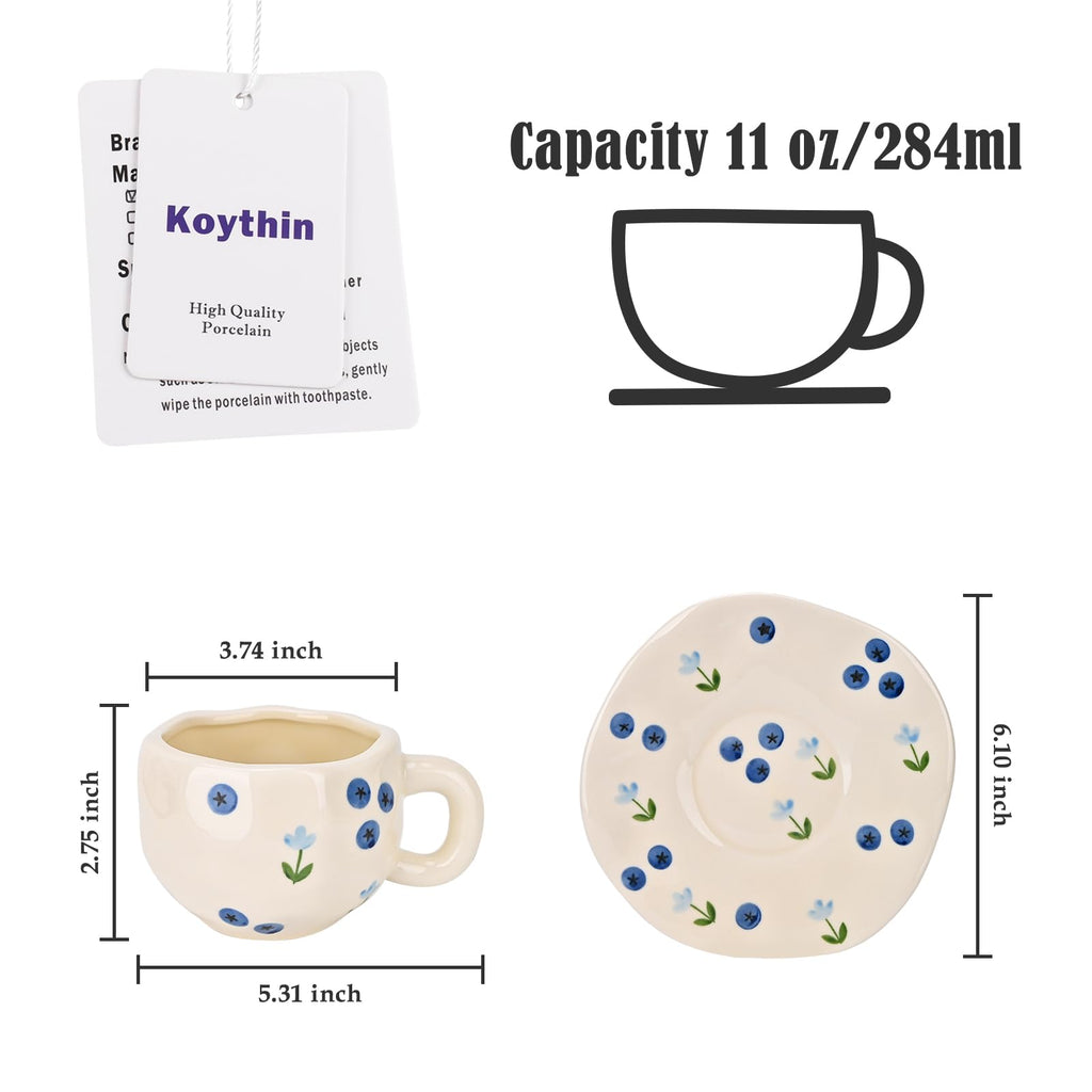 Ceramic Coffee Mug with Saucer Set, Cute Creative Cup Unique Irregular Design, 10 oz/300 ml