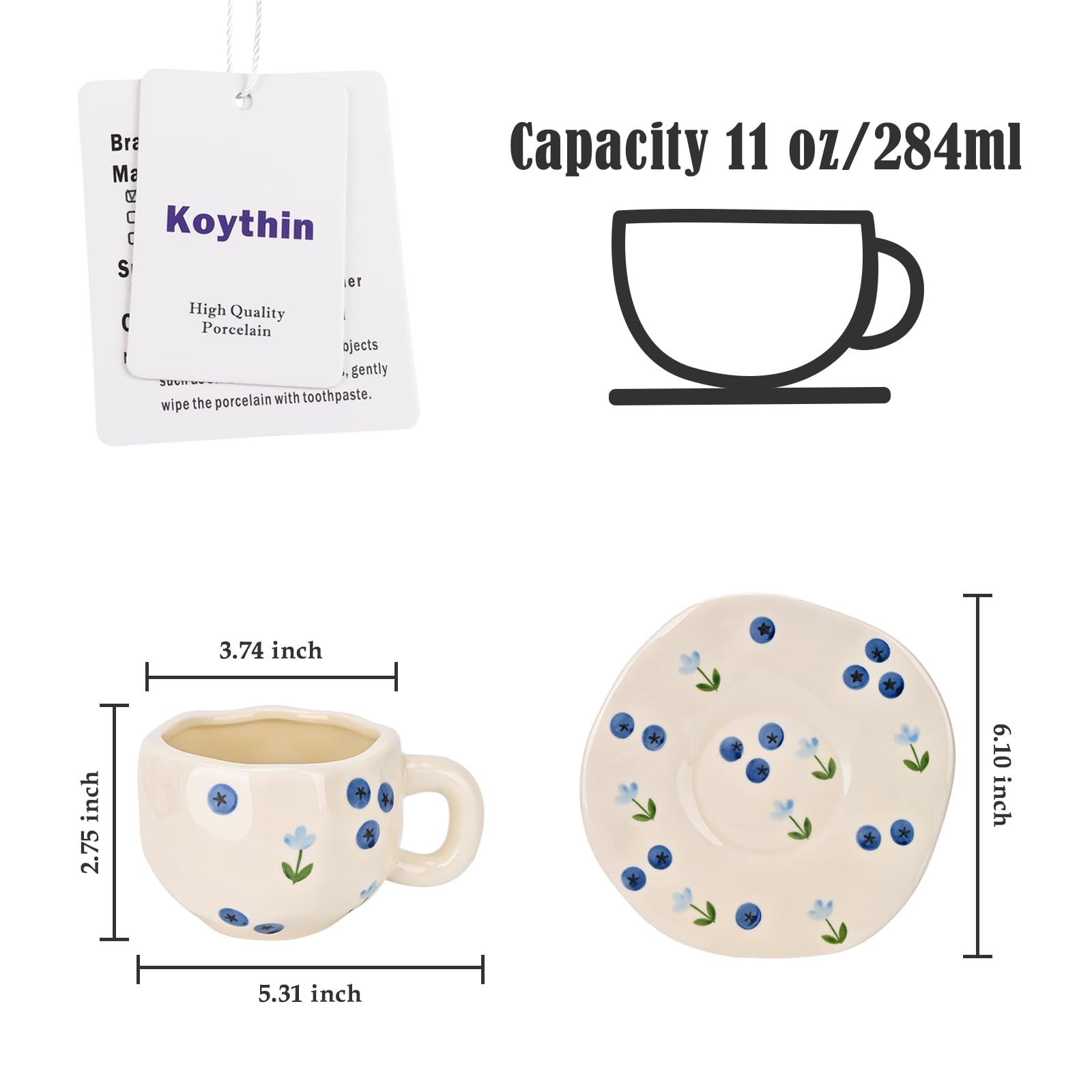 Ceramic Coffee Mug with Saucer Set, Cute Creative Cup Unique Irregular Design, 10 oz/300 ml