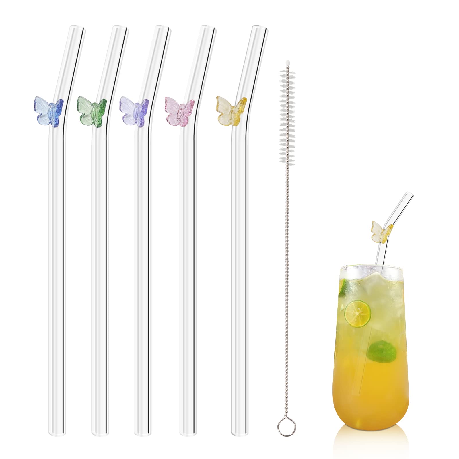 Reusable Straws Clear Glass Straws Colorful Butterfly Design Size 7.8" x 8mm with 1 Cleaning Brush 5 Pcs