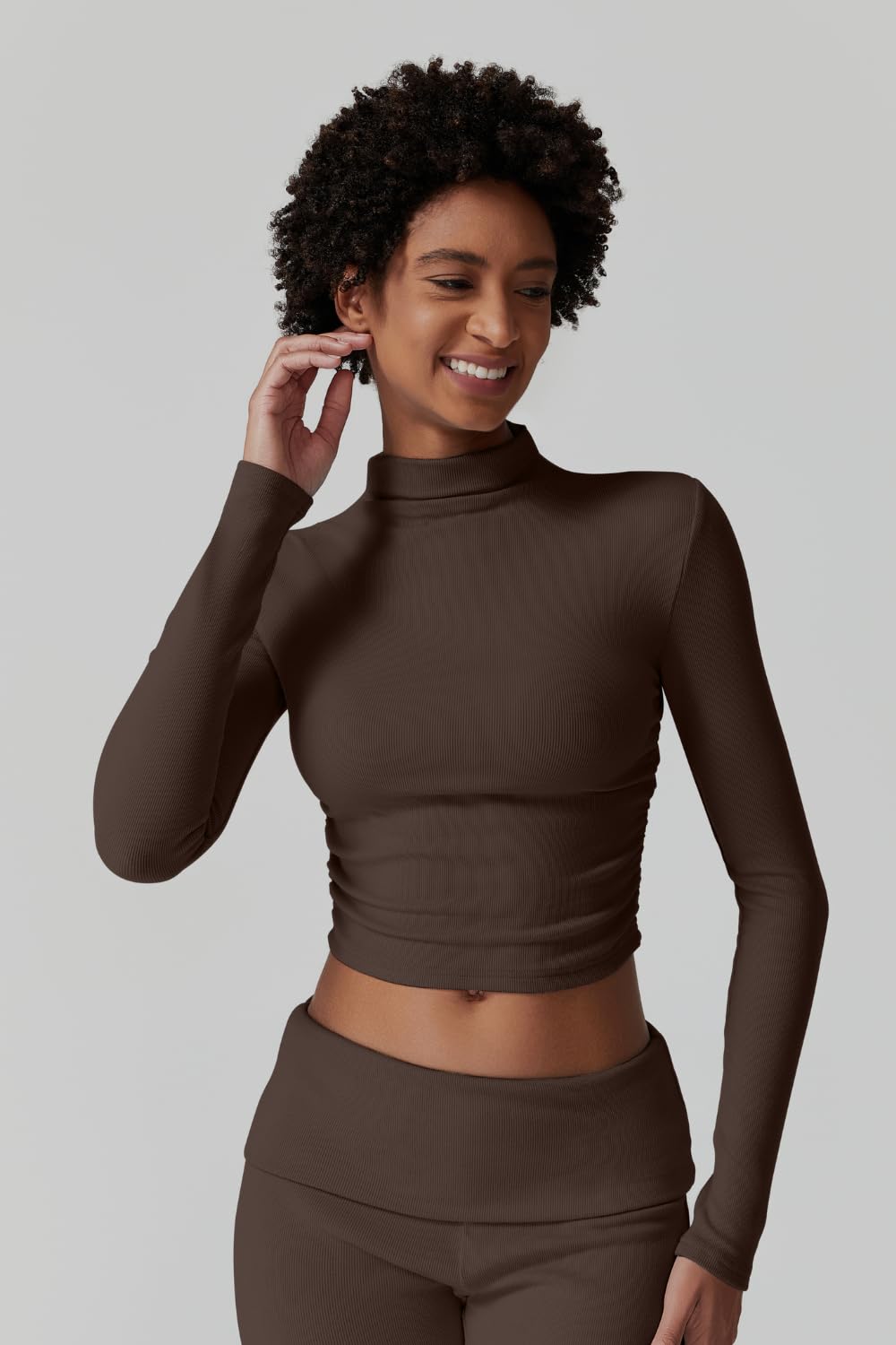 Womens 2 Piece Lounge Sets Mock Neck Long Sleeve Tops with Side Ruched Fold Over Flare Pants Comfy Tracksuits