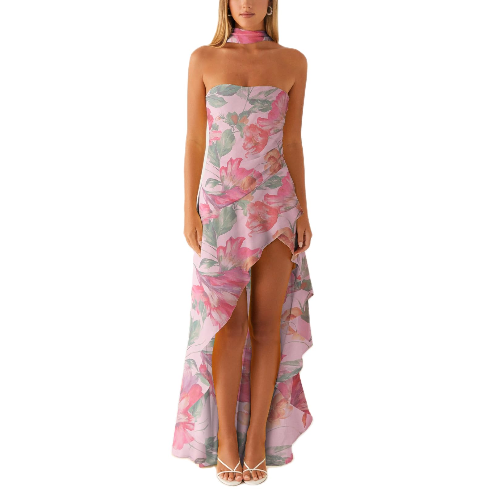 Women's Strapless Neck Scarf Floral Dresses Open Back Bodycon Long Dress Maxi Fitted Sundress