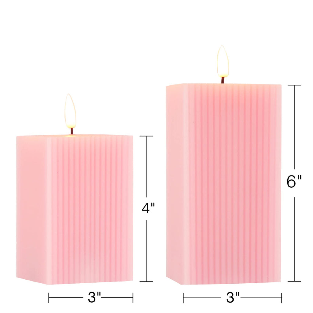 Square Ribbed Flameless Candles with Remote, Flickering Real Wax Battery LED Candles 3" H 4" 6"