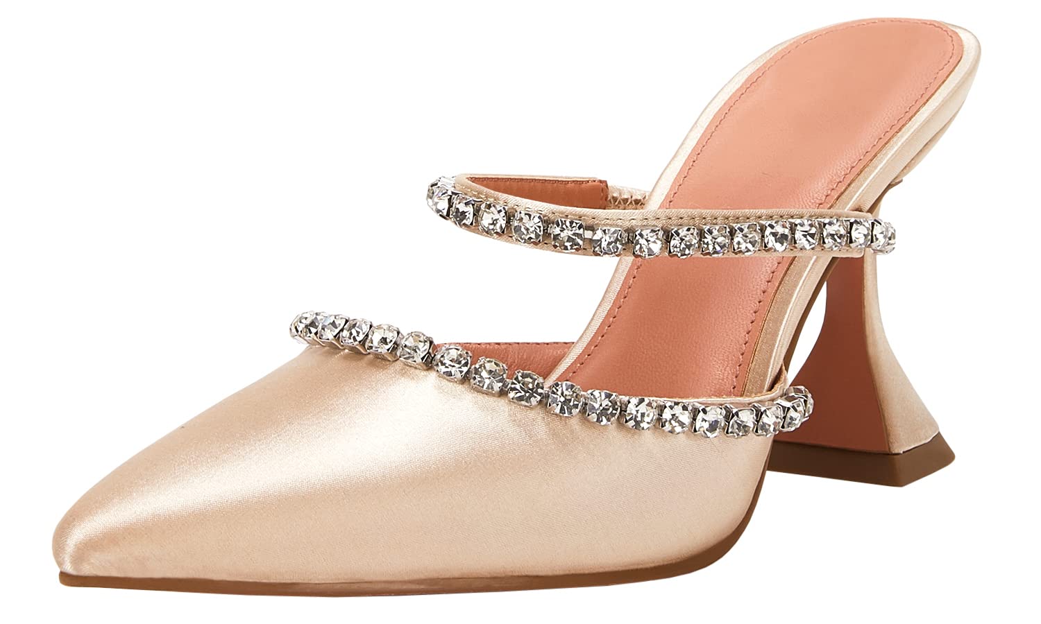 Women's Pointed Toe Strappy Heels Crystal Satin Heeled Mules Shoes