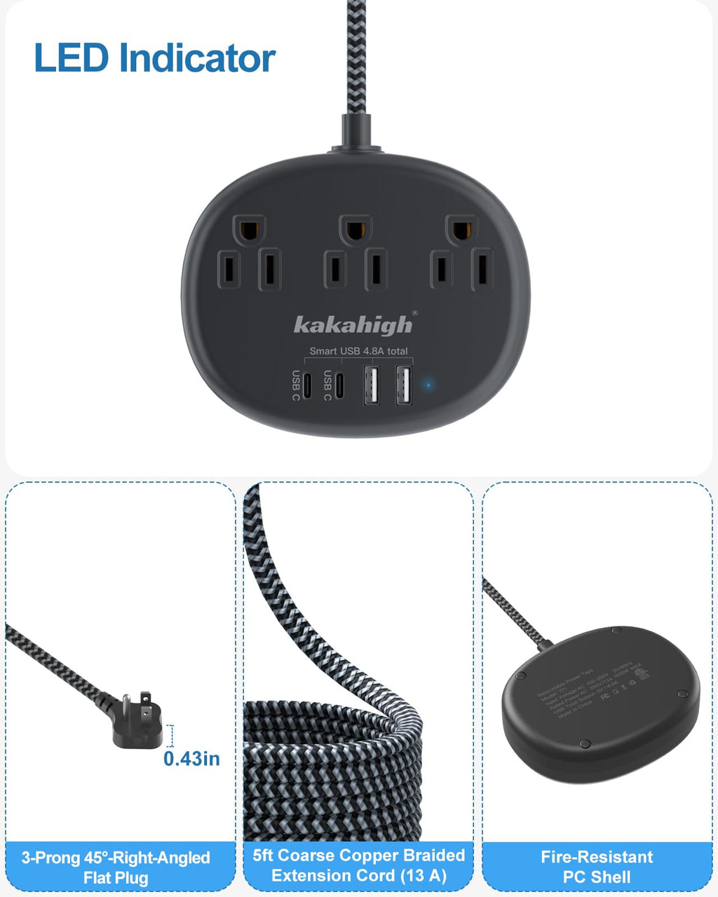 Cute Surge Protector â€?5FT Flat Extension Cord, 3 Outlets, 4 USB Ports (24W)
