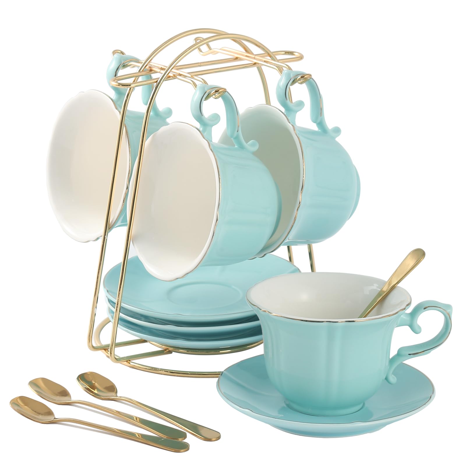 Tea Cups and Saucers with Golden Trim, Petal Edge Coffee Cups with Metal Stand
