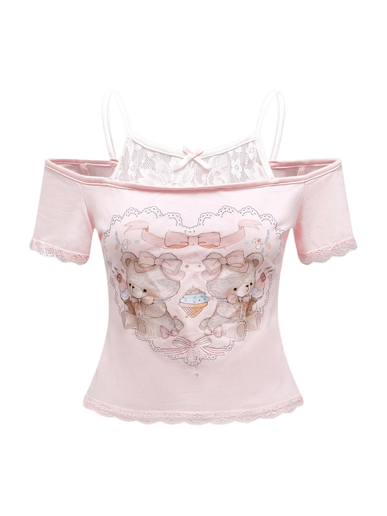Women's Y2K Coquette Aesthetic Crop Tops Summer Kawaii Clothes Cute Lace Bow Cold Shoulder Graphic Tees