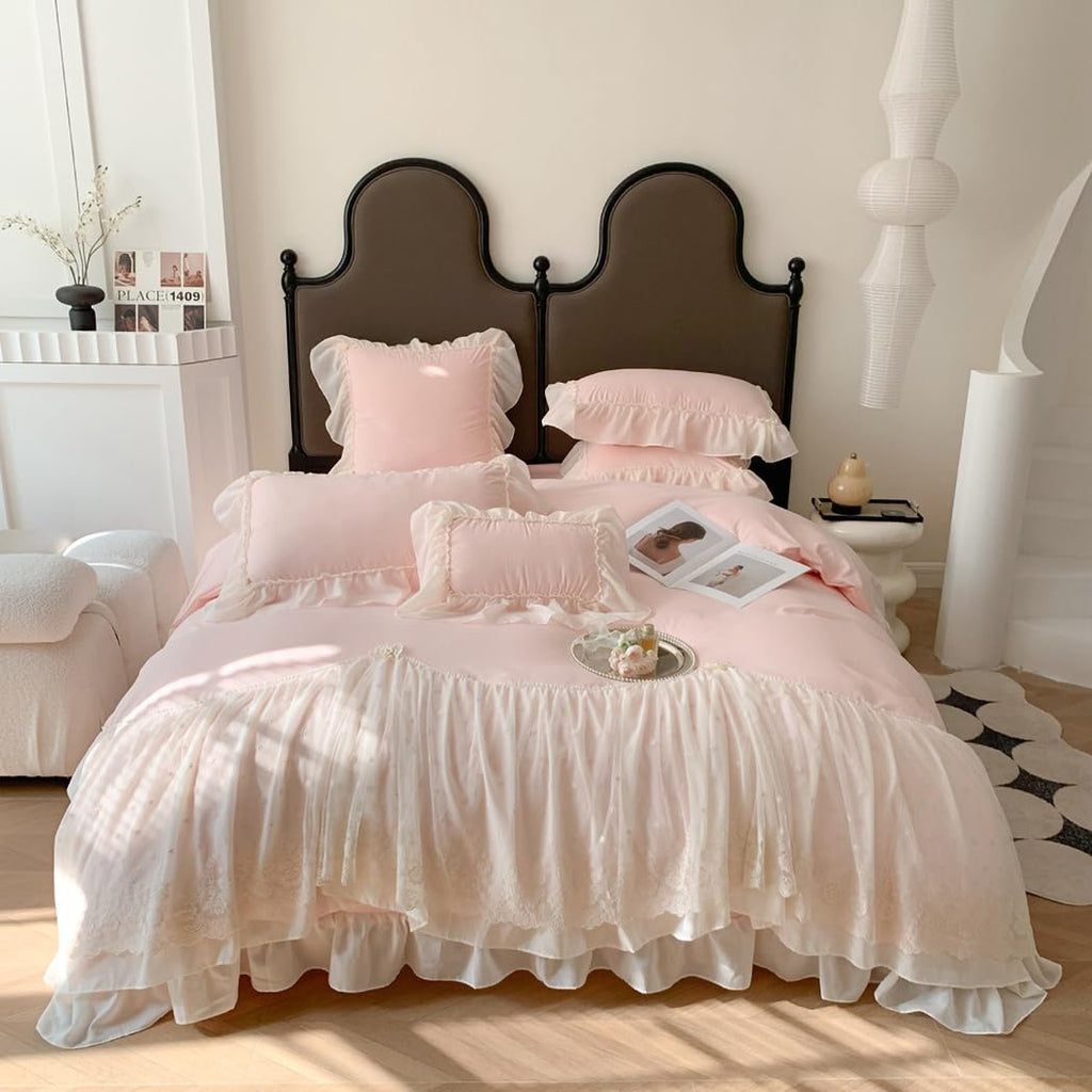 Lace Duvet Cover - Chiffon Ruffled Beddding Set with Flower, 3 Pieces Comforter Cover Set with Zipper Closure and Pillowcase