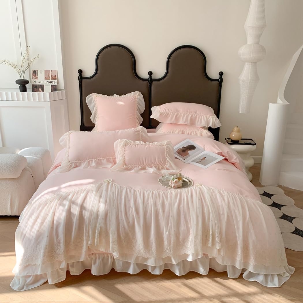 Lace Duvet Cover - Chiffon Ruffled Beddding Set with Flower, 3 Pieces Comforter Cover Set with Zipper Closure and Pillowcase
