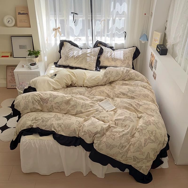 Duvet Cover 4pcs - Cotton Ultra Soft Ruffle Bedding Set includ 1 Duvet Cover with Zipper Ties,1 Fitted Sheet with Bed Skirt, 2 lace Pillow Shams for All Season