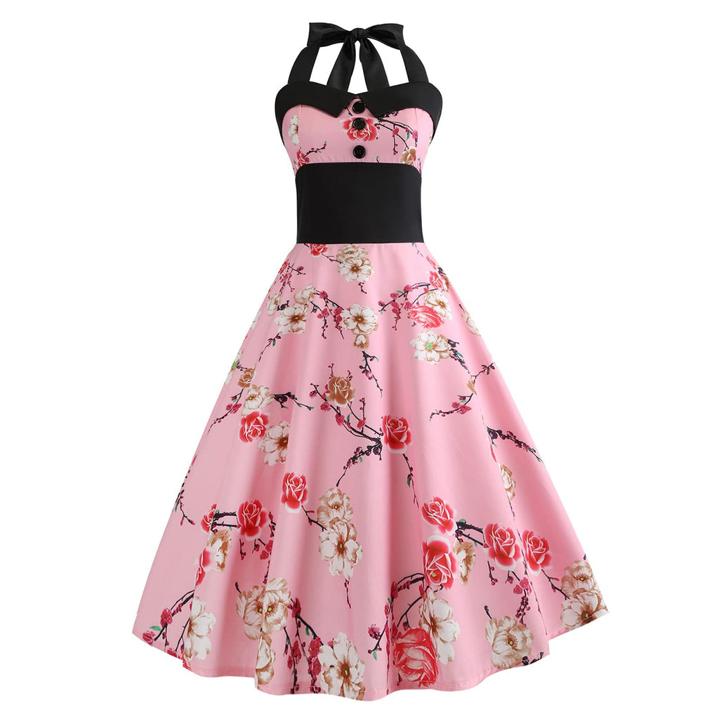 Vintage Women 1950s Rockabilly Swing Dress Pinup 50s Retro Hepburn Style Halterneck A-Line Dresses