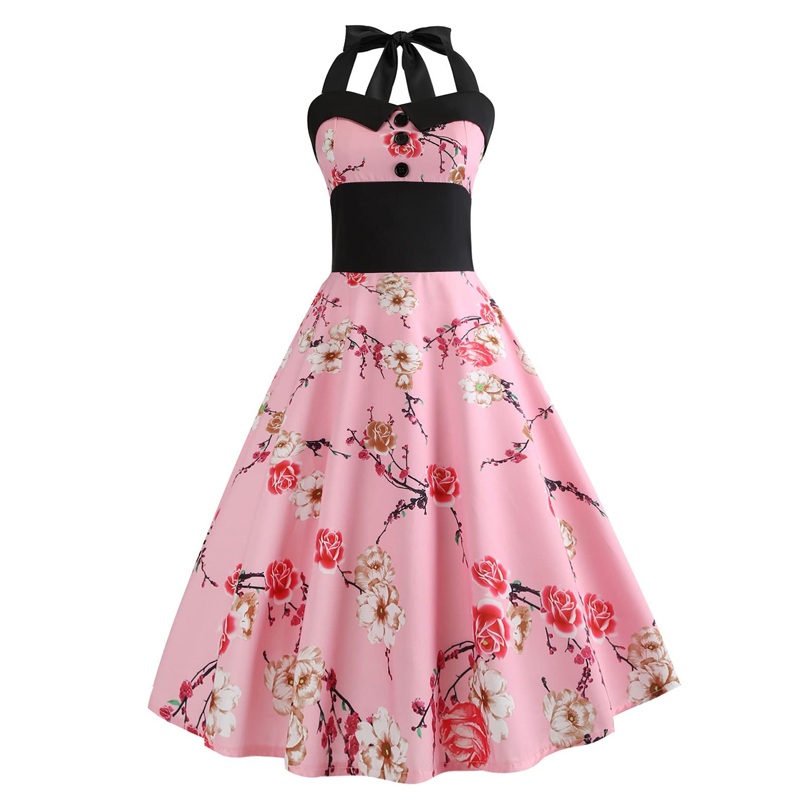 Vintage Women 1950s Rockabilly Swing Dress Pinup 50s Retro Hepburn Style Halterneck A-Line Dresses